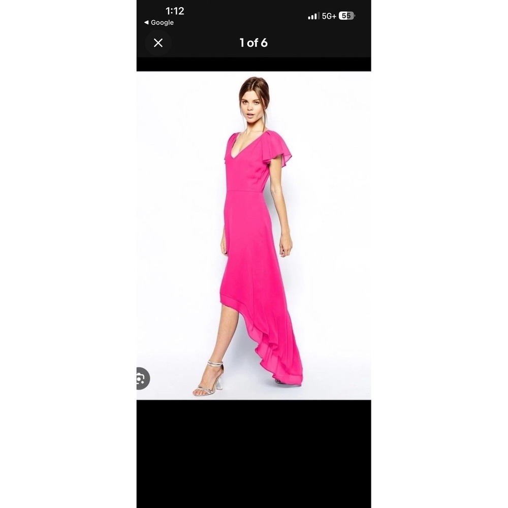 ASOS Hot Pink Hi-Low Dress Women Size 6 Maxi Flutter Sleeve Zip Lined